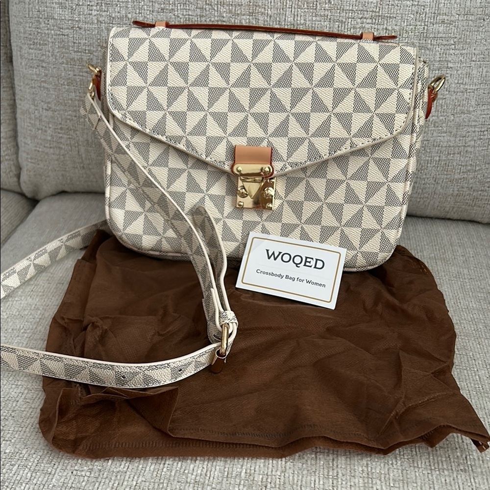 Cream and Brown Geometric Crossbody Bag